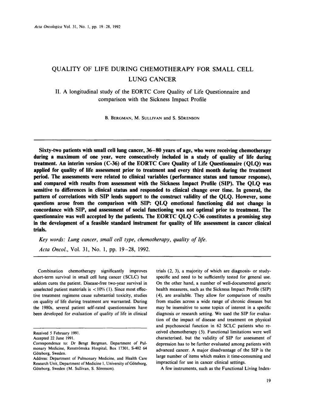Acta Oncologica Vol. 31, No., pp. 19-28, 1992 QUALTY OF LFE DURNG CHEMOTHERAPY FOR SMALL CELL LUNG CANCER 11.