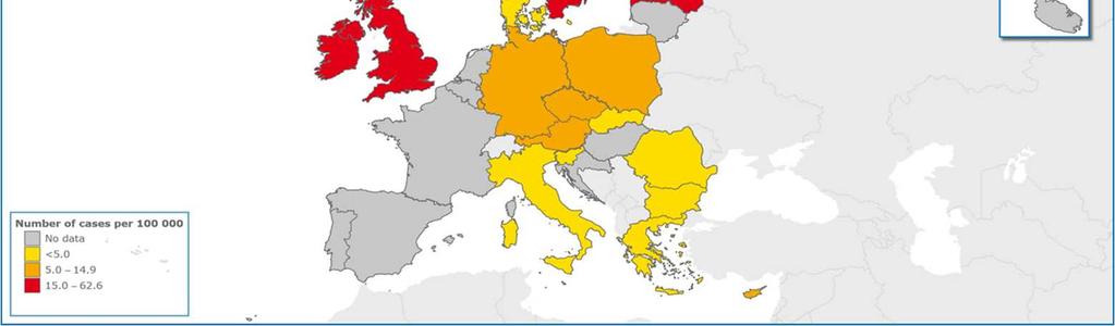Epidemiology Hepatitis C Number of reported hepatitis C cases per 100 000 population, EU/EEA countries,2012* Source: ECDC Hepatitis B and C Surveillance in Europe 2012