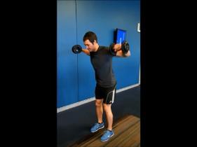 to floor. Lower the dumbbells back to starting position.