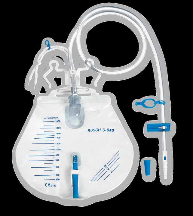 TUBE with sliding clamp and bed sheet clip ROBUST DOUBLE HOOK WITH ADDITIONAL CORD for secure fastening of the urine drainage system 3 5 VENTED DRIP CHAMBER WITH INTEGRATED NON-REFLUX VALVE