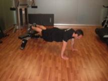 Decline Pushup Keep the abs braced and body in a straight line from toes (knees) to