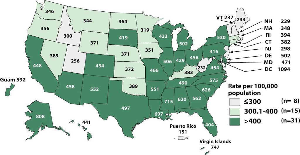Chlamydia Rates by State, United States and Outlying Areas, 2011 National Rate = 454.