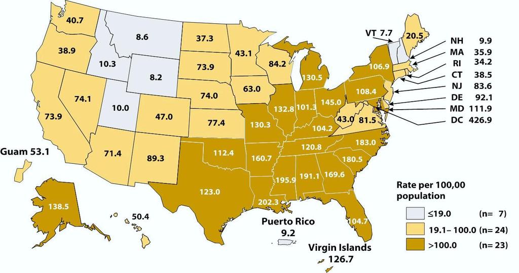 Gonorrhea Rates by State, United States and Outlying Areas, 2011 National Rate = 103.