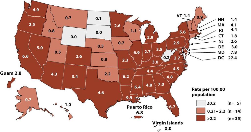 Primary and Secondary Syphilis Rates by State United States and Outlying Areas, 2011 National Rate = 4.