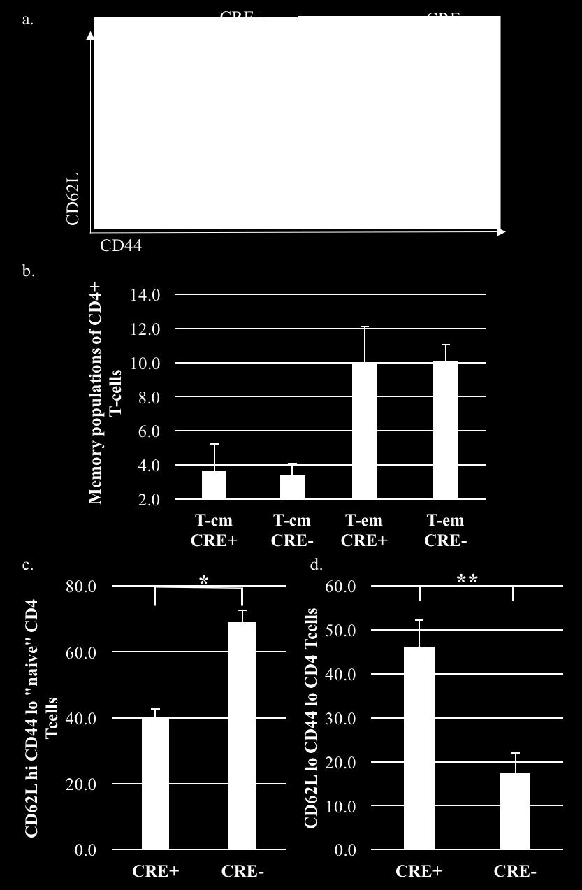 plots representative of 3 independent experiments. b) Percentage of memory populations of CD4+ T-cells, T-cm and T-em. c) Percentage of CD62L high CD44 low naïve CD4 T-cells.
