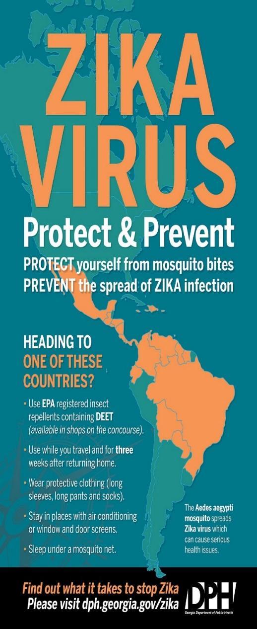 Zika Travel Campaign 14 domestic and international concourses Countries with ongoing Zika transmission EPA registered insect