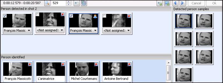Fig. 3. Face detection interface: Top= track to validate, Bottom=validated track, Right=training set Some operations require user input (typing or selecting an id) while others require none.
