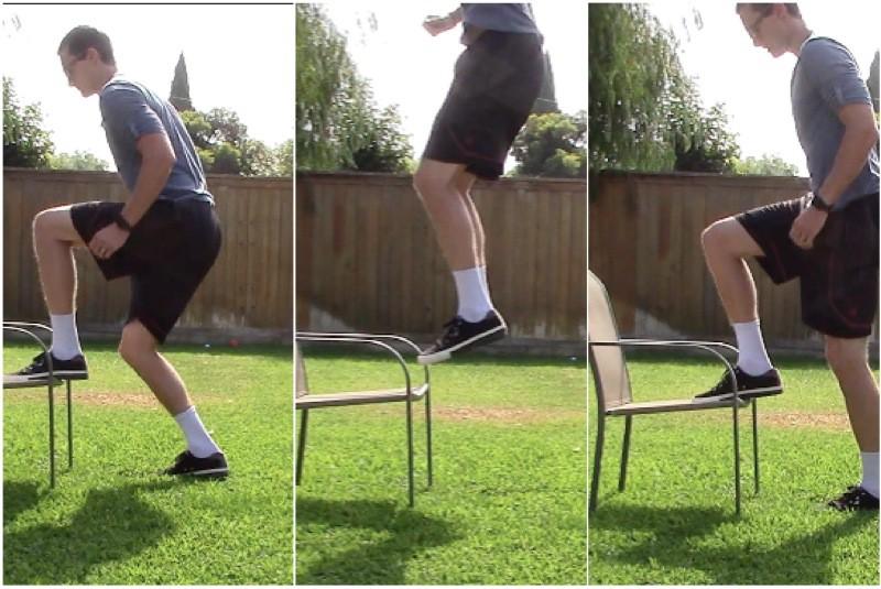 Leap Ups Start with your right leg on a chair or bench with your left leg firmly placed on the ground.