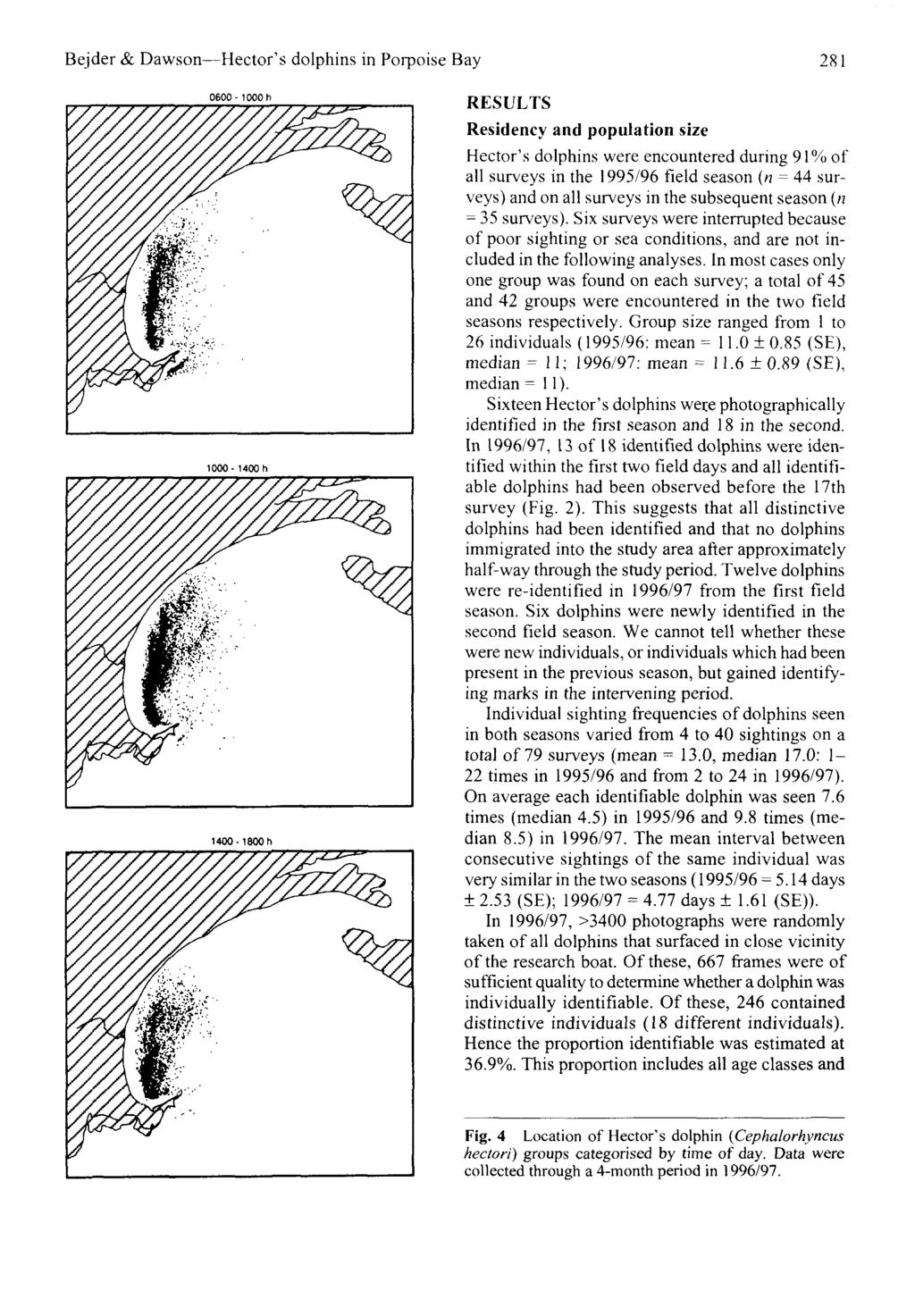 Bejder & Dawson Hector's dolphins in Porpoise Bay 281 1000-1400 h 1400-1800h RESULTS Residency and population size Hector's dolphins were encountered during 91% of all surveys in the 1995/96 field