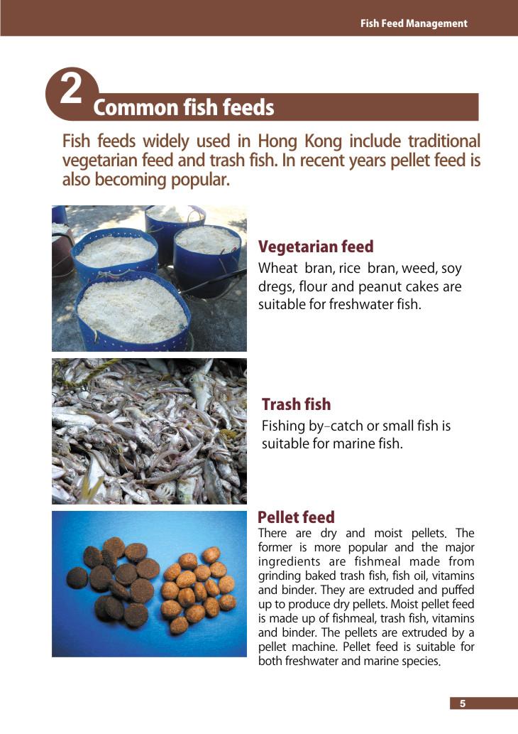 Fish feeds widely used in Hong Kong include traditional vegetarian feed and trash fish. In recent years pellet feed is also becoming popular.