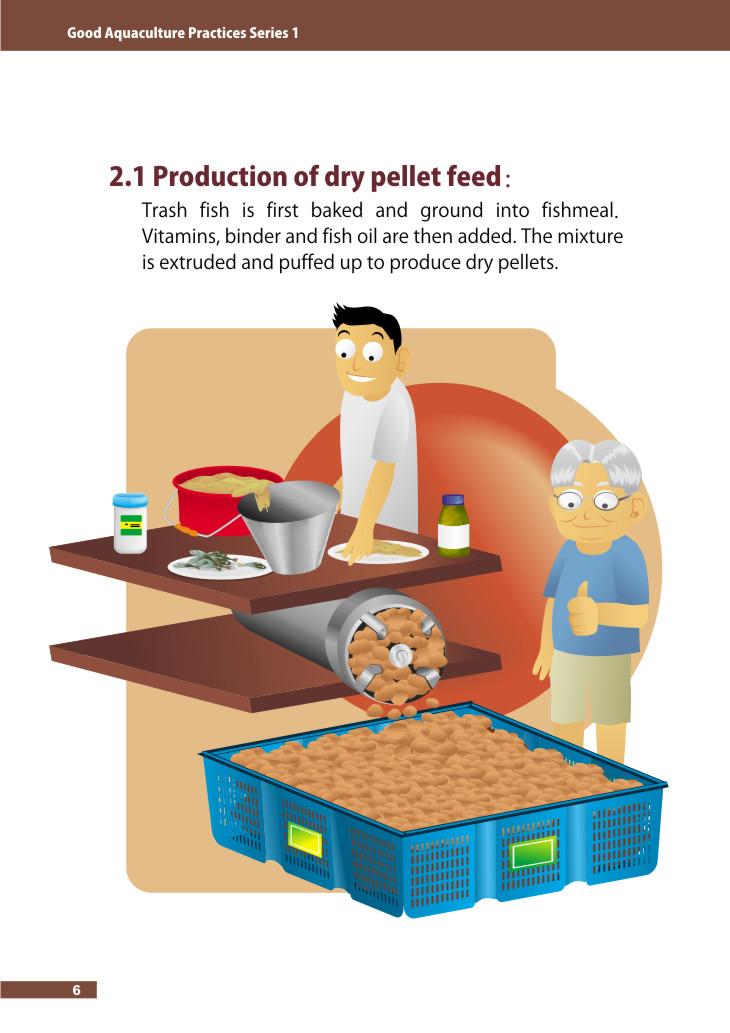 2.1 Production of dry pellet feed : Trash fish is first baked and ground into fishmeal.