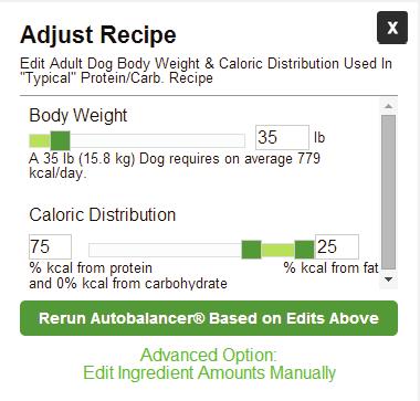 14 V. Adjust to Specific Dog/Cat 1. Click Adjust to Your Dog/Cat for FREE 2. Click Advanced Option: Edit Ingredient Amounts Manually 3. Enter ingredient amount 4.