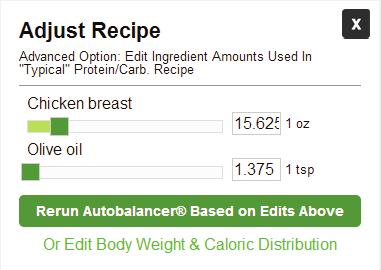 To adjust a food amount in a recipe, click on a purple, black, or red Adjust to Your Dog/Cat for FREE button on the results page.