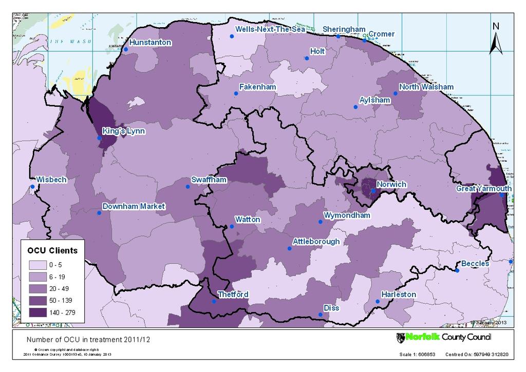 Figure 45: OCU Clients in Norfolk (mapped to postcode areas with CCG boundaries added for context) Norwich has the highest rate of OCU clients as a proportion of the adult population with 7.