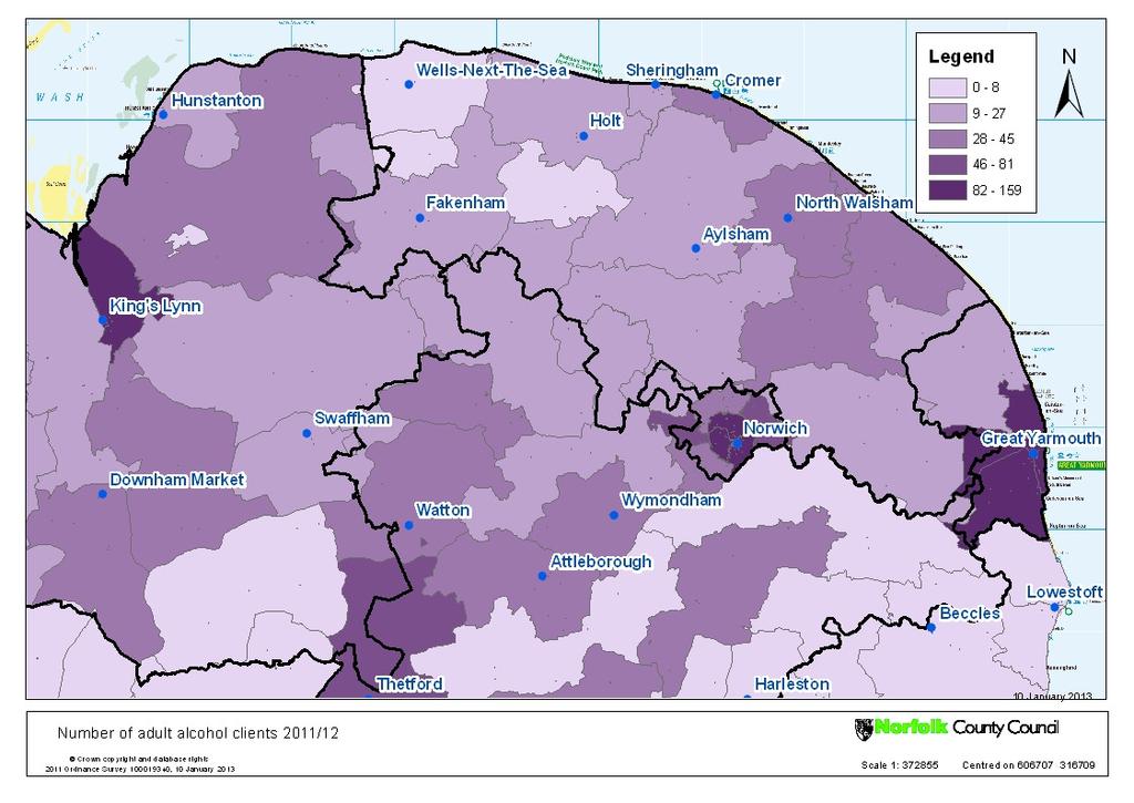 Figure 51 Alcohol Clients in Norfolk (mapped to postcode areas with CCG boundaries added for context) The rate of alcohol clients as a proportion of adults aged 18-64 is less varied across the