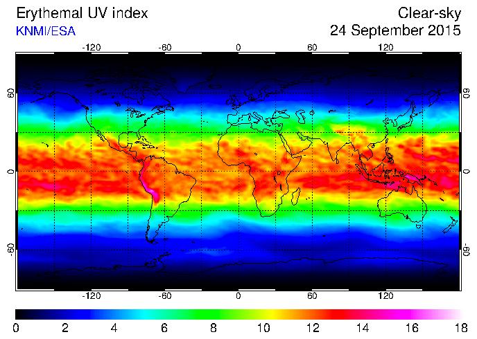 Figure 1. Ultraviolet Radiation Index Across the World. The colors on this map of the world represent Ultraviolet (UV) Index values on a particular day in September 2015.