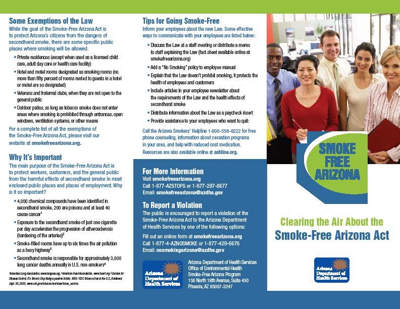 3.5 Brochure: Clearing the Air about the Smoke-Free Arizona Act A brochure in both English and Spanish is available to inform employers and the general public about the requirements of the Smoke-Free