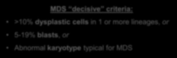 dysplastic cells in 1 or more lineages, or 5-19% blasts, or Abnormal karyotype typical