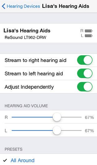 3. Independent volume control of each hearing aid. 4 5 6 Scroll down the page to see the following settings. 4. View and change the program.