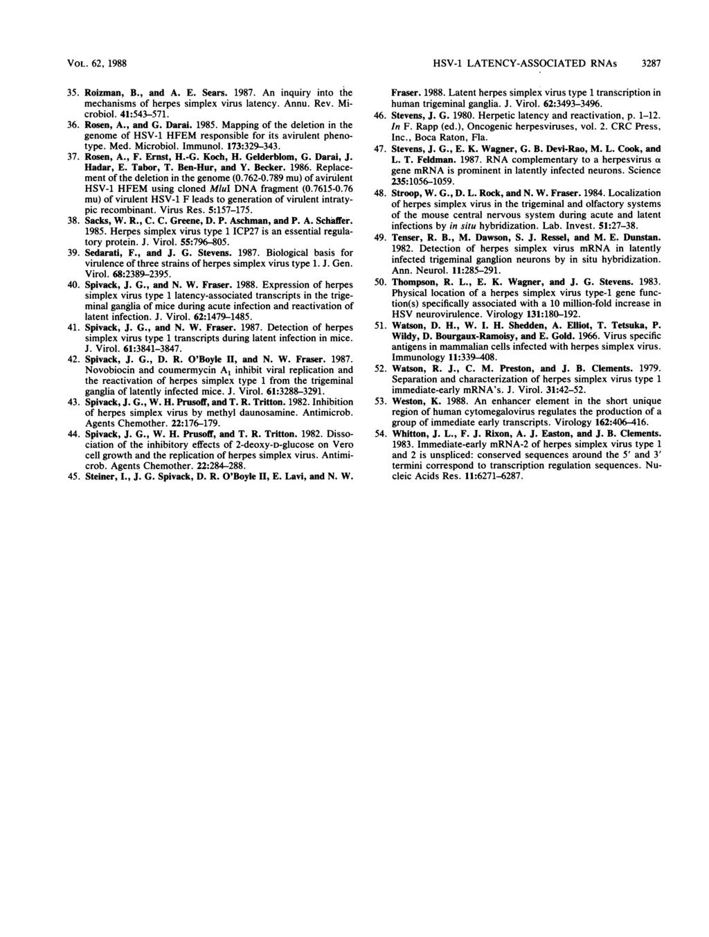 VOL. 62, 1988 35. Roizman, B., and A. E. Sears. 1987. An inquiry into the mechanisms of herpes simplex virus latency. Annu. Rev. Microbiol. 41:543-571. 36. Rosen, A., and G. Darai. 1985.