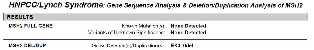 LYNCH EXAMPLE 2011: Ordered only MSH2 gene analysis because the pattern loss of MSH2/MSH6 is often seen is more often due to a germline in MSH2 gene.
