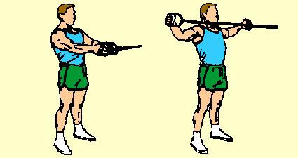 Let arms back in semicircular motion, palms facing. Keep upper arms in line with shoulders. Press cables forward to starting position. Inhale back, exhale forward.