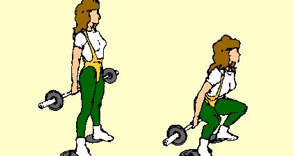 Put heels on plates about 30" apart. Keep bar tucked against buttocks and upper thighs. Palms up, facing back, hands as wide as hips. Turn wrists up to lock bar solidly.