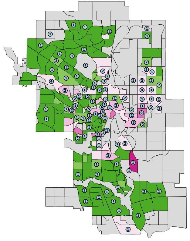 8 per 1, person years (n = 172) The neighbourhoods with more than five apparent accidental opioid toxicity deaths included Forest Lawn (9), Beltline (8), Downtown Commercial Core (6), and Sunalta (5).