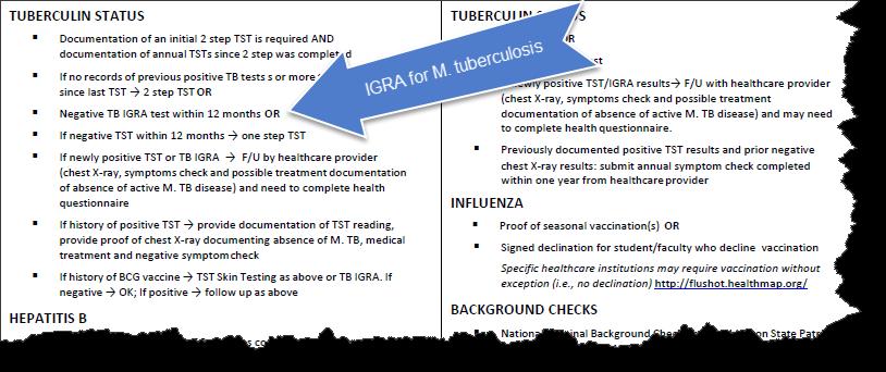 TUBERCULIN STATUS There are two types of tests that are done to measure for TB exposure: Tuberculin Skin Test (TST) TB blood tests (IGRA) TST: When you first have a TST, you are required to get a