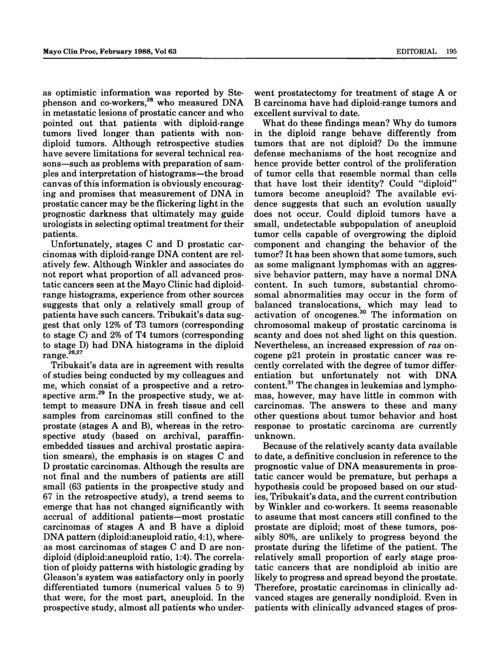 Mayo Clin Proc, February 1988, Vol 63 EDITORIAL 195 as optimistic information was reported by Stephenson and co-workers, 28 who measured DNA in metastatic lesions of prostatic cancer and who pointed