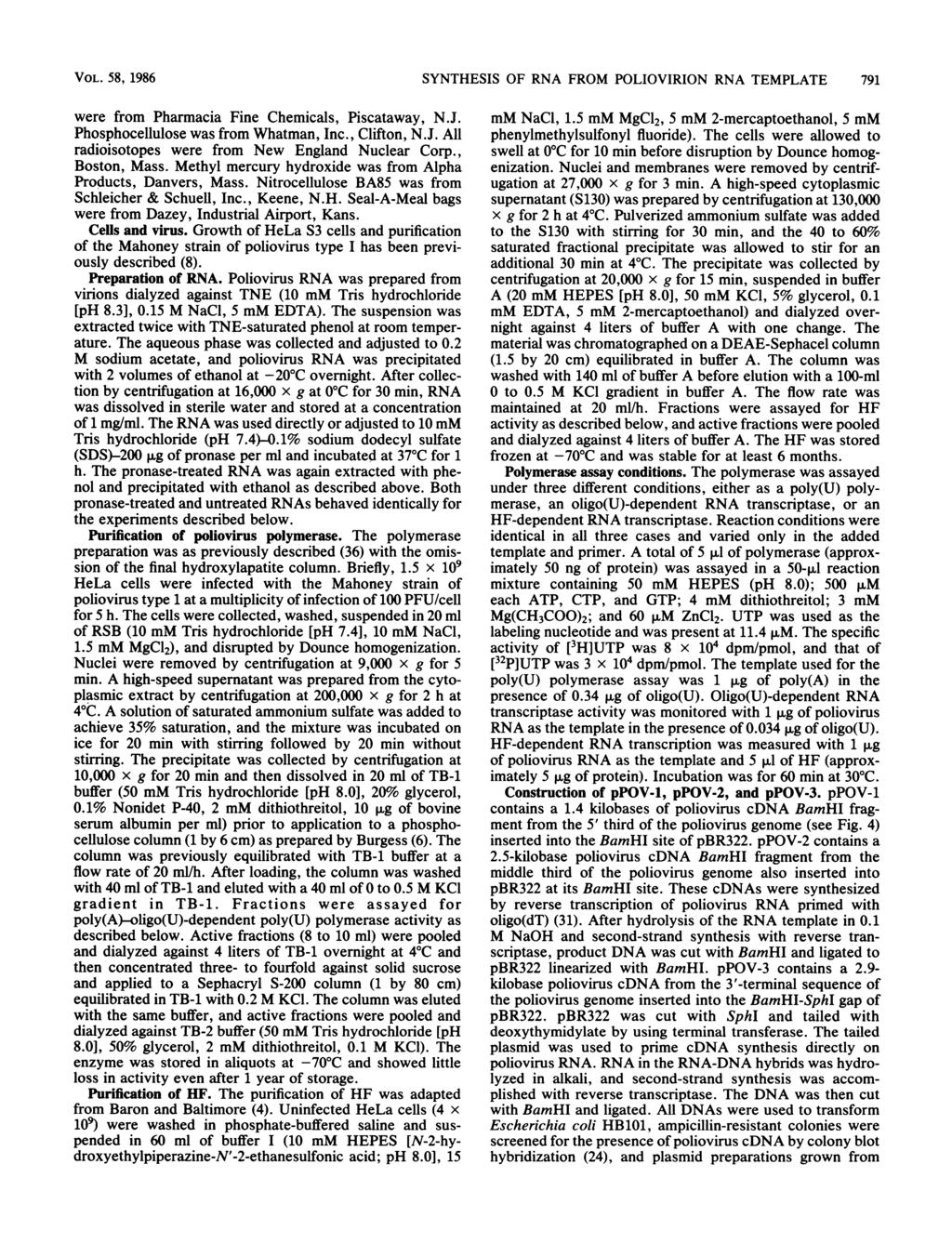 VOL. 58, 1986 SYNTHESIS OF RNA FROM POLIOVIRION RNA TEMPLATE 791 were from Pharmacia Fine Chemicals, Piscataway, N.J. Phosphocellulose was from Whatman, Inc., Clifton, N.J. All radioisotopes were from New England Nuclear Corp.