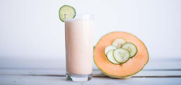 Cucumber Melon Mint Calories: 183 Protein: 14g Carbs: 24g Fat: 4g 1 Scoop Vanilla IdealShake ½ Cup Almond Milk ¼ of a Fresh Cucumber, Peeled 2 Fresh Mint Leaves ½ Cup