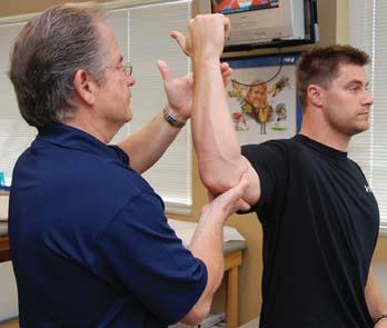 Biceps load test performed to assess for possible SLAP lesion. The patient abducts the shoulder to 90, fully externally rotates the shoulder, flexes the elbow to 90, and fully supinates the forearm.