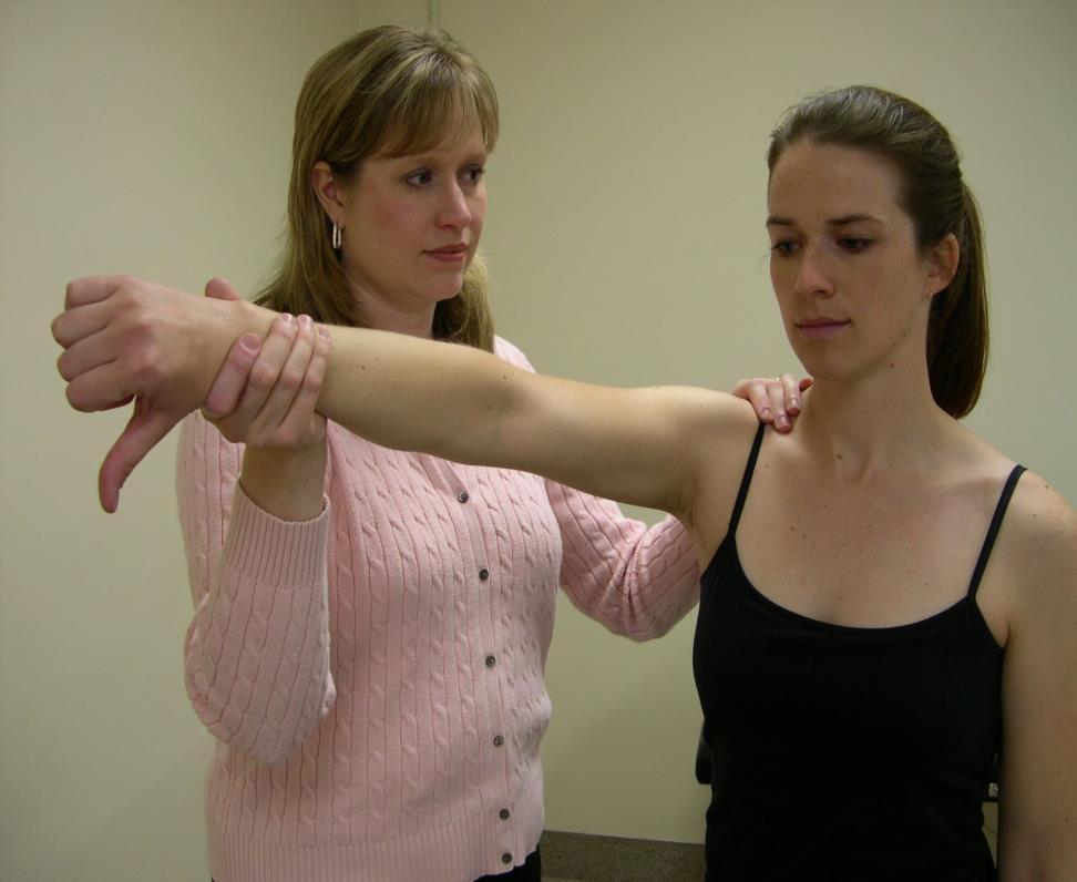 IMPINGEMENT NEER S SIGN* Patient seated with arm at side, palm down (pronated) Examiner standing