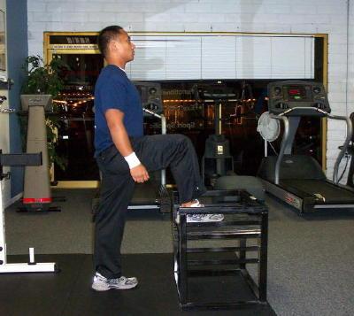 Step Ups How To: Stand facing a bench. Place one foot on the bench and the other on the floor.