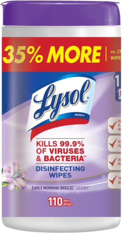 New Products from LYSOL LYSOL Brand Disinfecting Wipes: Early Morning Breeze - 110 ct. Each thick, pre-moistened wipe kills 99.