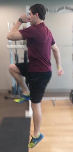 First Progression During the ascent, while approaching near full extension of the hip and knees, quickly flex the rear leg at the hip and knee.