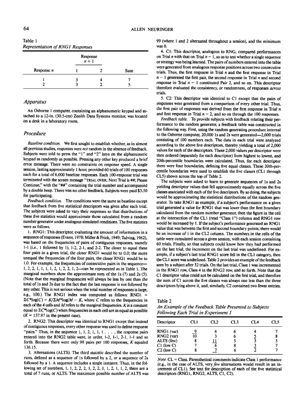 64 ALLEN NEURINGER Table 1 Representation of RNG1 Responses Response n+l Response n 1 2 Sum Apparatus 1 3 4 7 2 3 2 5 An Osborne 1 computer, containing an alphanumeric keypad and attached to a 12-in.