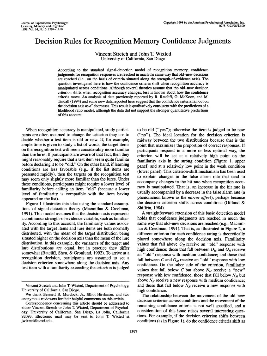 Journal of Experimental Psychology: Learning, Memory, and Cognition 1998, Vol. 24, No. 6, 1397-1410 Copyright 1998 by the American Psychological Association, Inc. 0278-7393/98/S3.