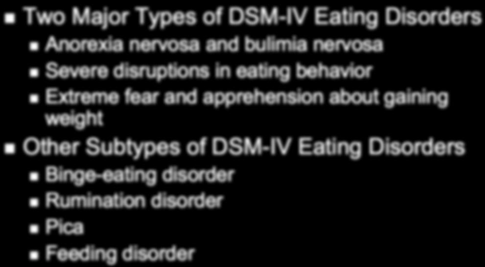 gaining weight Other Subtypes of DSM-IV Eating Disorders Binge-eating disorder Rumination disorder Pica Feeding disorder