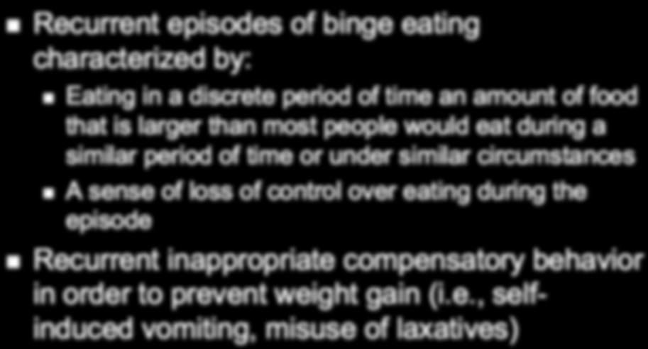 DSM-IV: Bulimia Nervosa Recurrent episodes of binge eating characterized by: Eating in a discrete period of time an amount of food that is larger than most people would eat