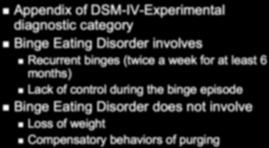 Appendix of DSM-IV-Experimental diagnostic category Binge Eating Disorder involves Recurrent binges (twice a week for at least 6