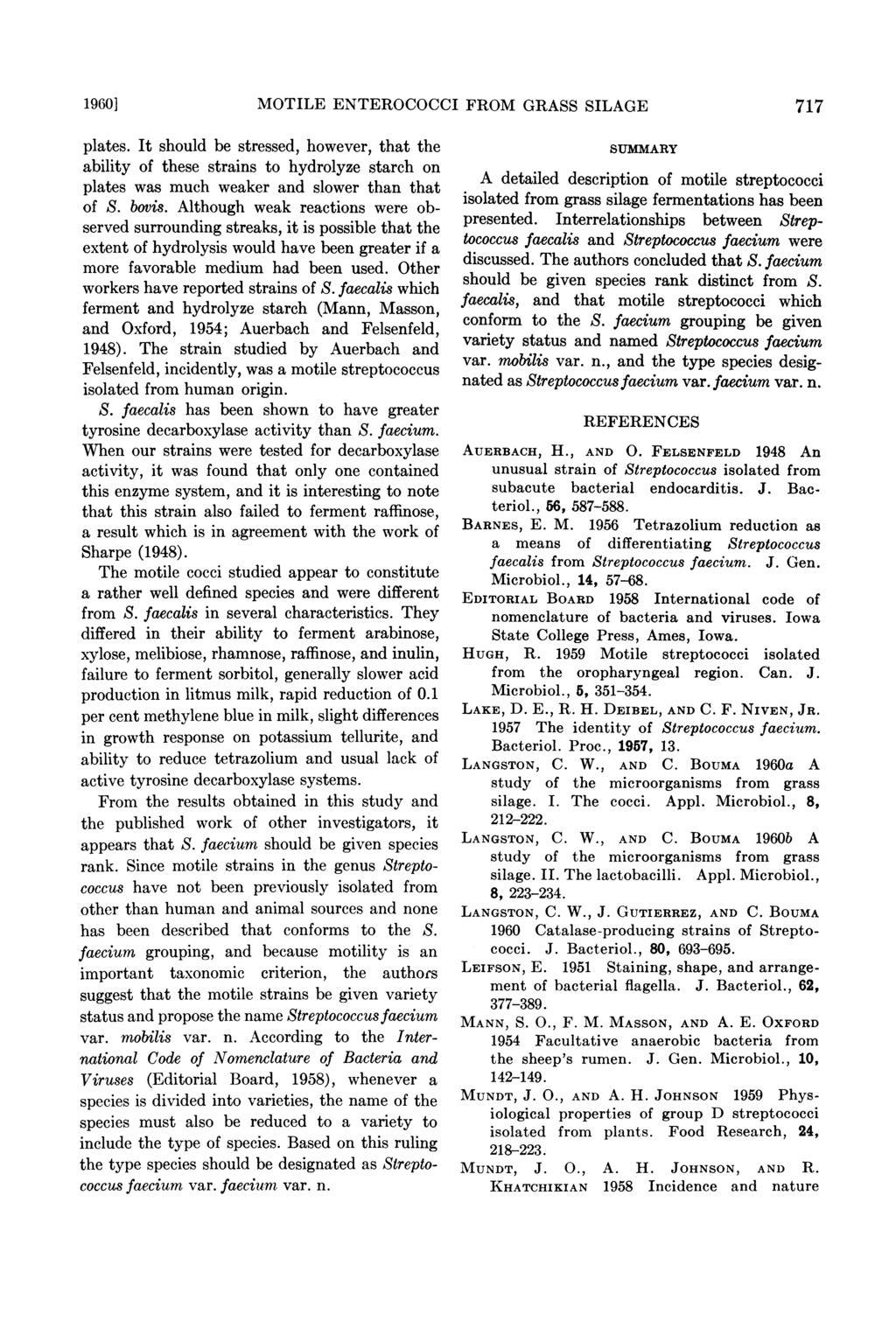 1960] MOTILE ENTEROCOCCI FROM GRASS SILAGE 717 plates. It should be stressed, however, that the ability of these strains to hydrolyze starch on plates was much weaker and slower than that of S. bovis.