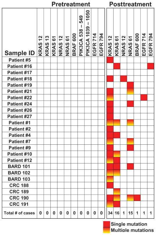 The liquid biopsy : monitoring patients for resistance-conferring mutations n= 24 KRAS, NRAS, BRAF, PIK3CA & EGFR wt 23/24 (96%) presented emergent circulating mutations of