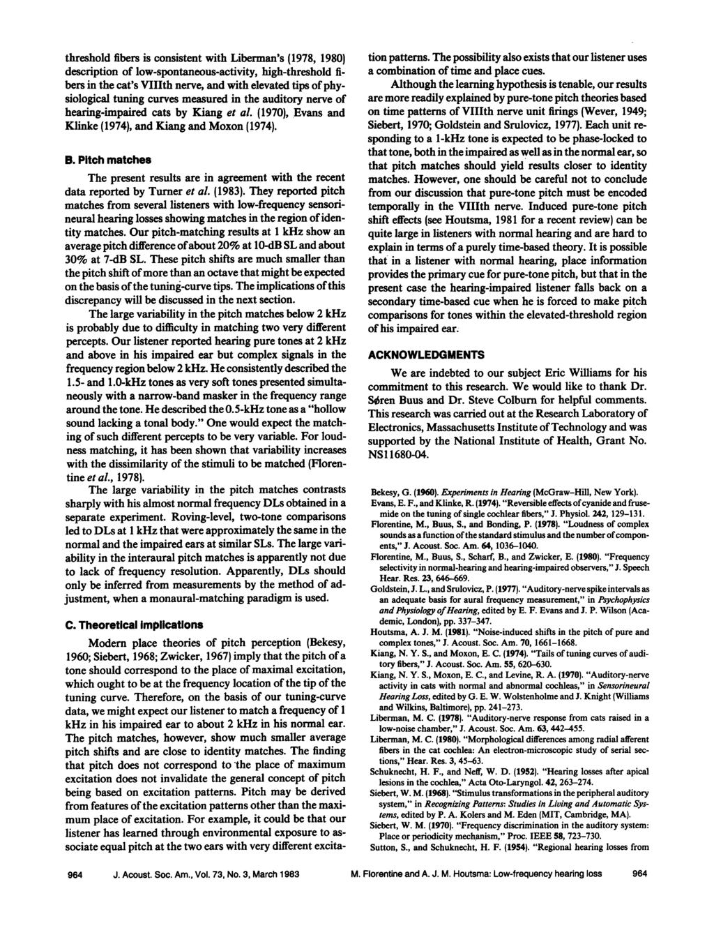 threshold fibers is consistent with Liberman's (1978, 1980} description of low-spontaneous-activity, high-threshold fibers in the cat's VIIIth nerve, and with elevated tips of physiological tuning