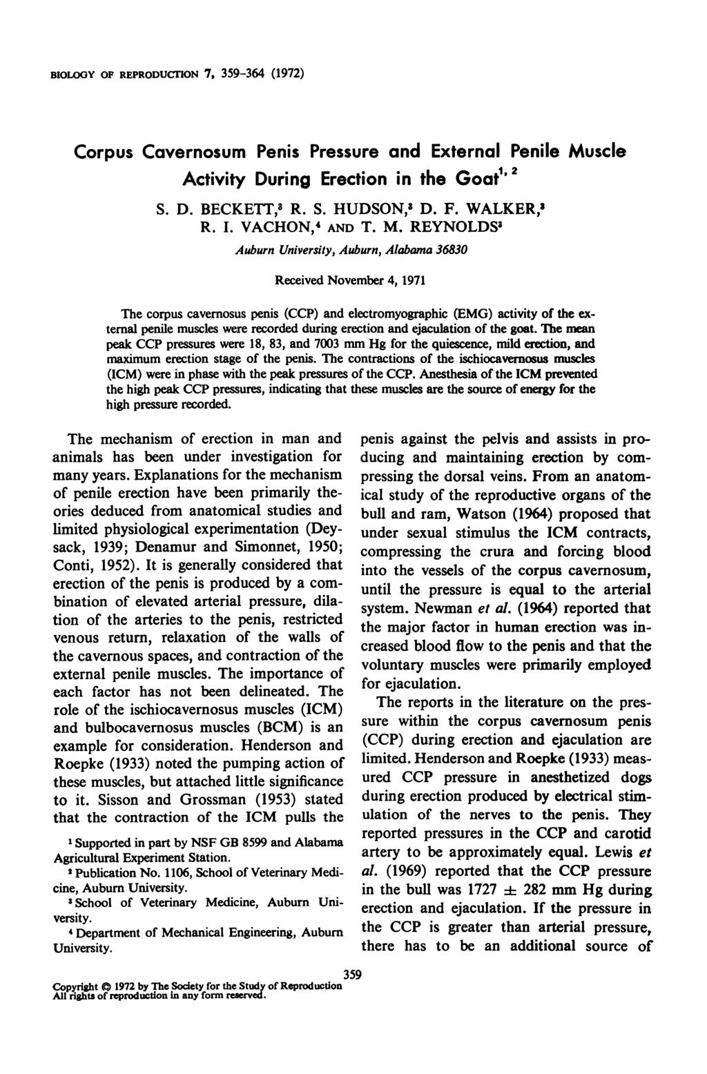 BIOLOGY OP REPRODUCTION 7, 359-364 (1972) Corpus Cavernosum Penis Pressure and External Penile Muscle Activity During Erection in the Goat1 2 S. D. BECKETT,3 R. S. HUDSON,3 D. F. WALKER,3 R. I.