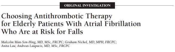 P I C O P I C O > 65 y/o, AFib, at risk for falling, but no other contraindications to antithrombotic therapy used to model outcomes Long-term warfarin use Long-term aspirin use No antithrombotic