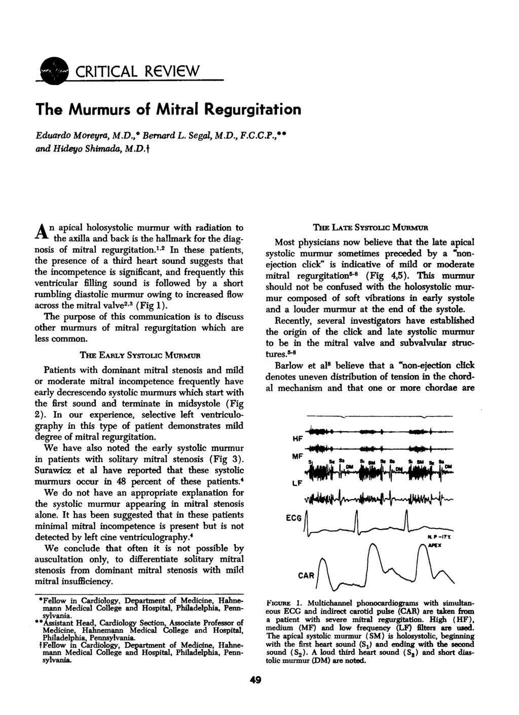 e CRITICAL REVIEW The Murmurs of Mitral Regurgitation Eduardo Moreyra, M.D.