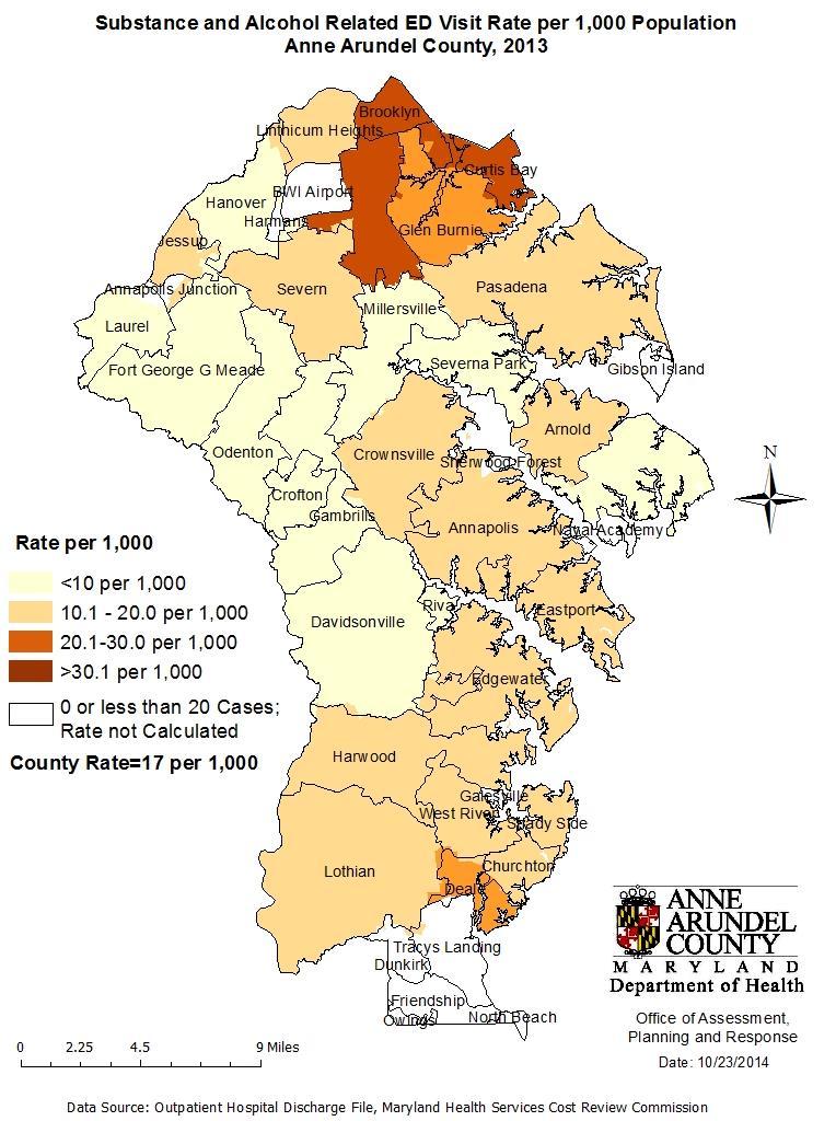 Anne Arundel County Local Hospital Data The map below represents the rate of substance and alcohol related ED visits, per 1,000 people, according to zip codes in AAC.