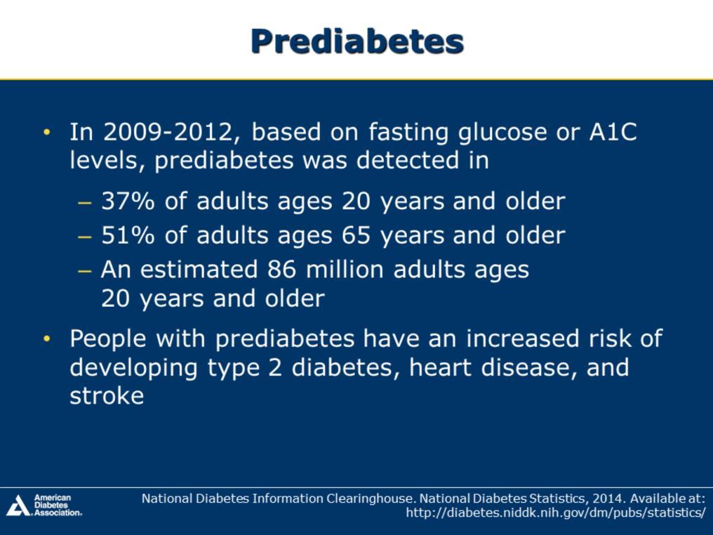 86 million adults ages 20 years and older are estimated to have prediabetes 37% were ages 20 years or older 51% were ages 65 years or older Prediabetes can lead to increased risk of developing type 2